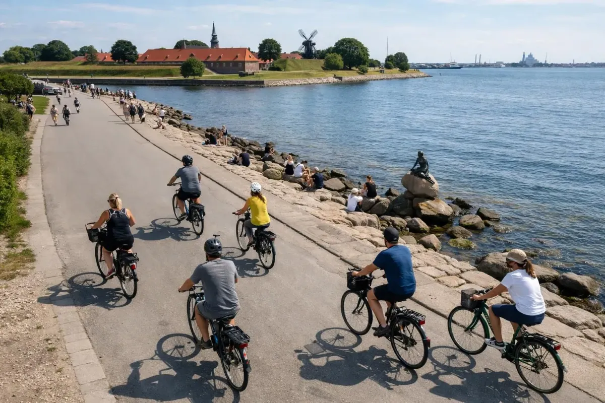 Touristes à vélo le long du front de mer de Copenhague vers la forteresse de Kastellet, la statue de la Petite Sirène visible au loin, scène urbaine danoise authentique.