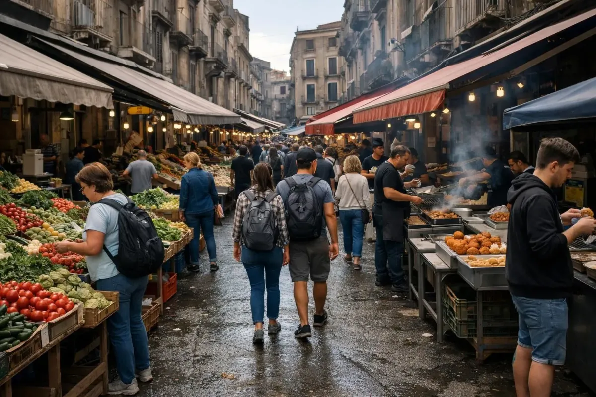 Authentique marché de rue sicilien avec des produits locaux frais, des légumes colorés, des olives et des vendeurs locaux servant de la nourriture de rue aux voyageurs soucieux de leur budget à Catane ou Palerme.