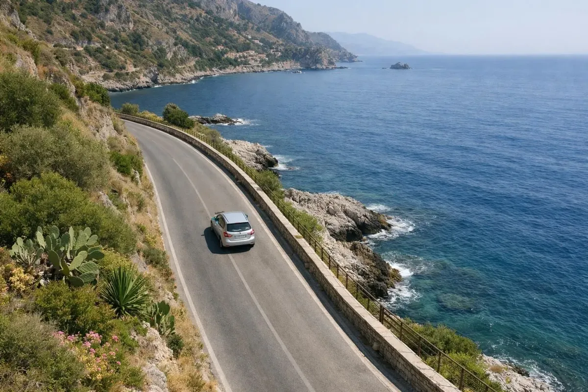 Winding coastal road, turquoise sea, rugged cliffs, lush vegetation.