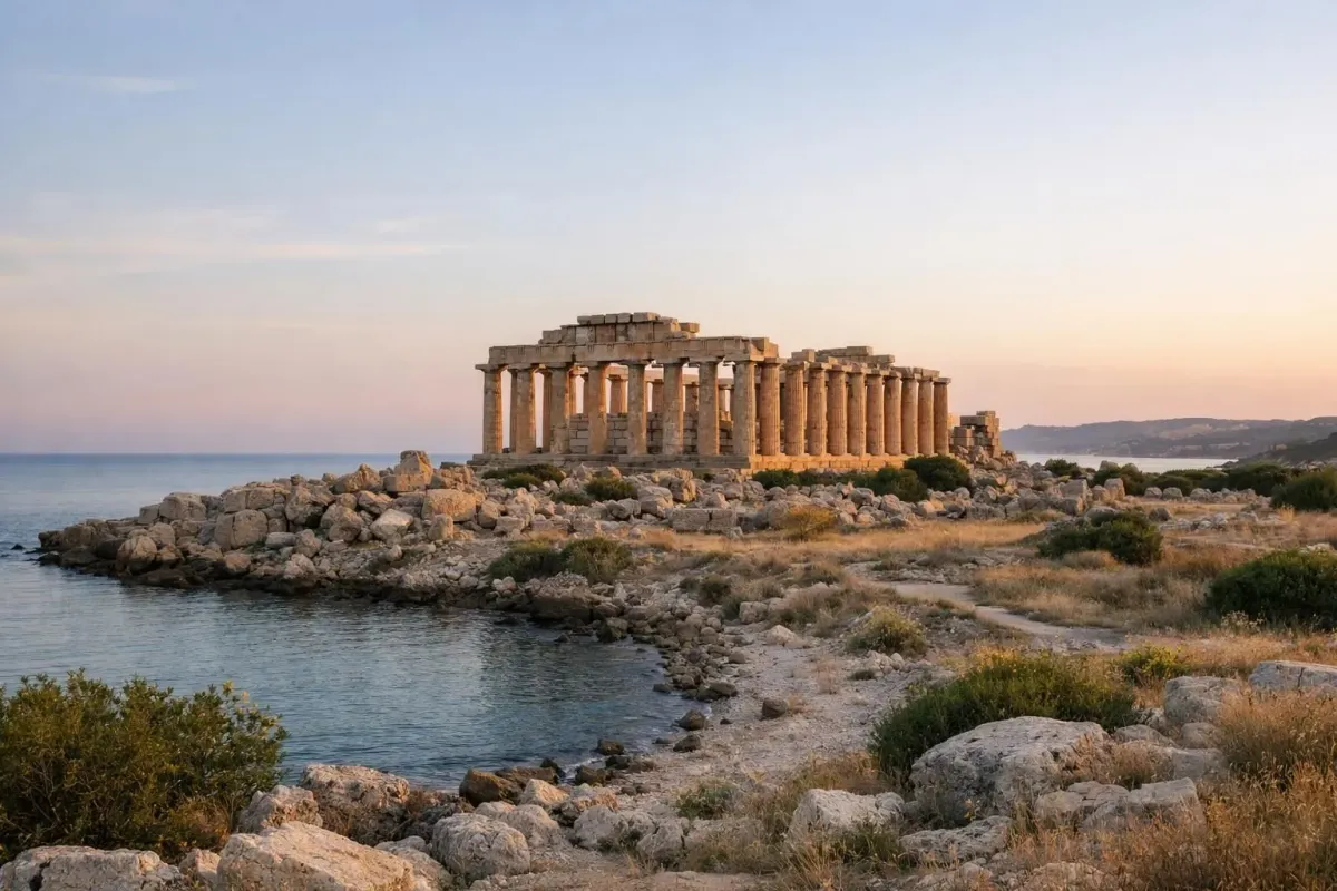 Ruines d'un temple grec antique au bord de la mer au coucher du soleil.