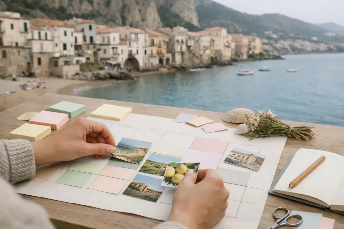 Ville côtière pittoresque, photos de voyage, planification, articles de papeterie et éléments naturels.