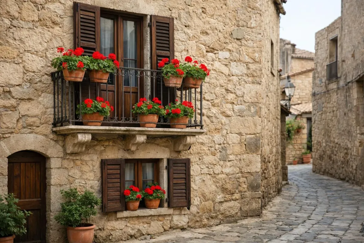 Façade de pierre patinée d'une maison d'hôtes familiale sicilienne traditionnelle avec volets en bois, géraniums en pot sur un petit balcon et ruelle pavée étroite dans un quartier calme loin des foules touristiques.