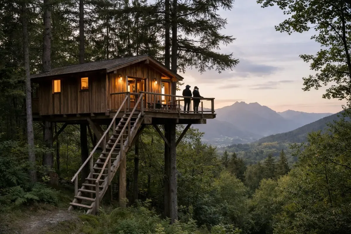 Un gîte douillet dans les arbres, niché dans une forêt française au crépuscule, avec une échelle en bois menant à une cabane surélevée éclairée chaleureusement, entourée d'arbres verdoyants et d'un paysage naturel, les silhouettes des voyageurs