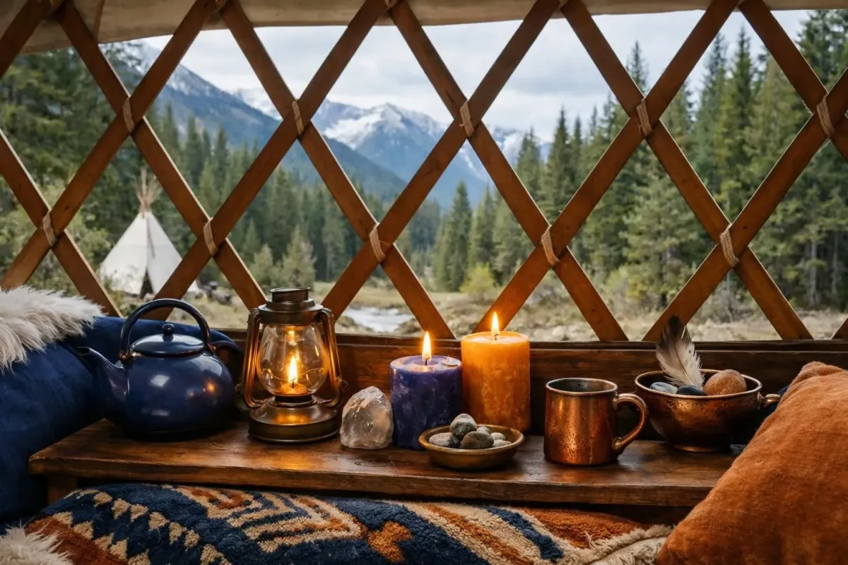 Un coin douillet en plein air avec des bougies, une théière et une vue sur les montagnes.
