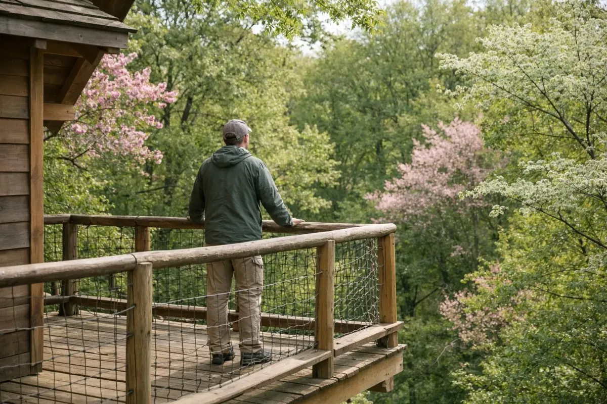 Une personne debout sur une terrasse en bois surplombant une forêt luxuriante et fleurie.