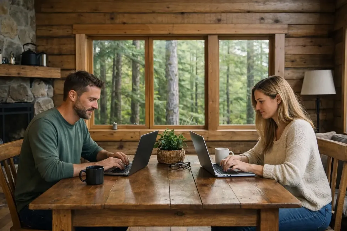 Couple travaillant sur des ordinateurs portables dans une cabane confortable entourée de nature.