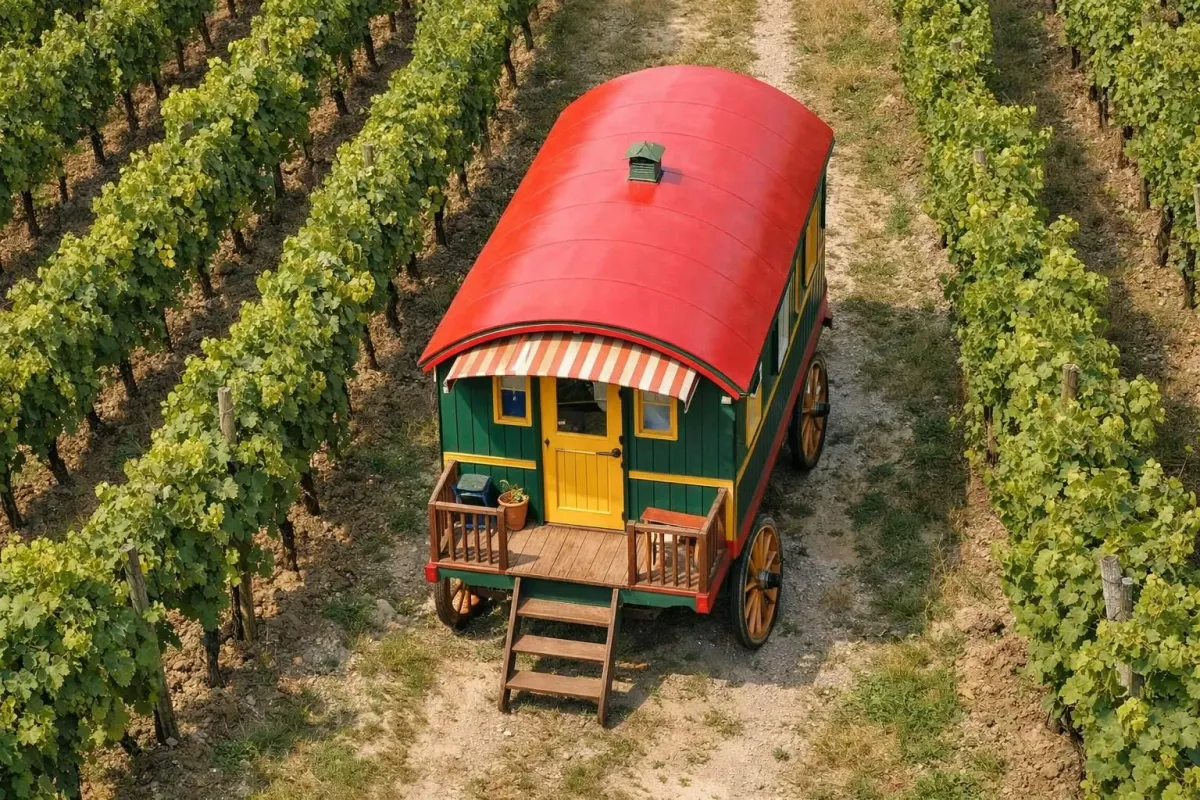 Un coloré wagon tzigane dans un vignoble avec un feuillage vert.