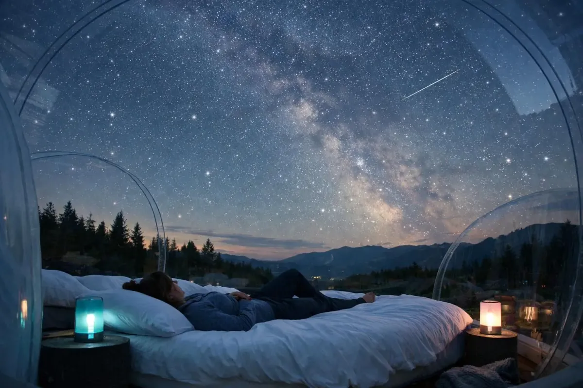 Une nuit étoilée, un paysage enneigé, une tente bulle confortable, une personne observant les étoiles.