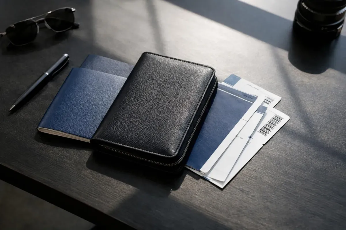 Un portefeuille en cuir noir, un passeport, des lunettes de soleil et un stylo sur une surface sombre.