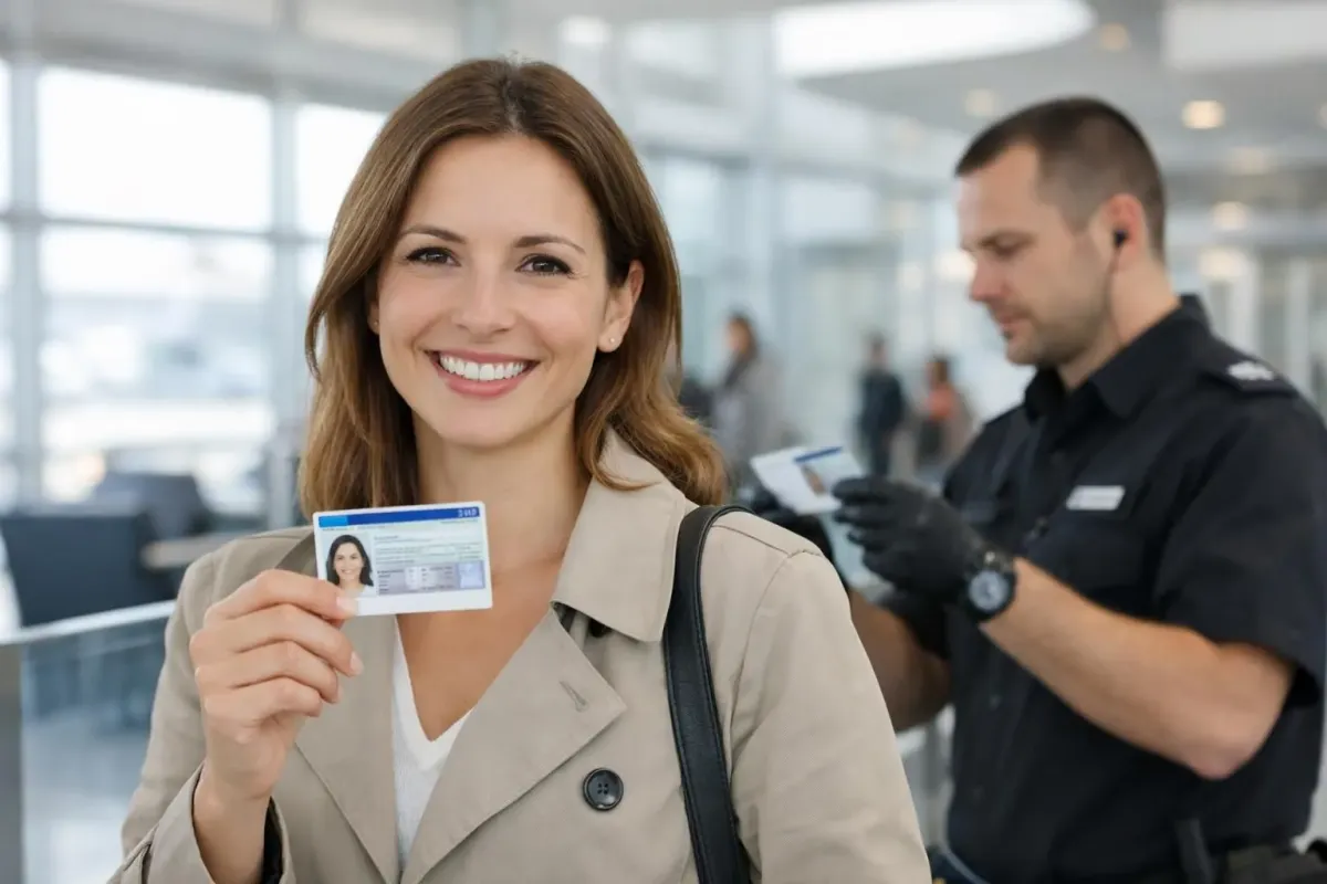 Jeune femme souriante à un contrôle de sécurité d'aéroport tenant sa carte d'identité française, terminal d'aéroport européen moderne avec un éclairage naturel lumineux, agent de sécurité vérifiant le document en arrière-plan, style de photographie de voyage professionnel