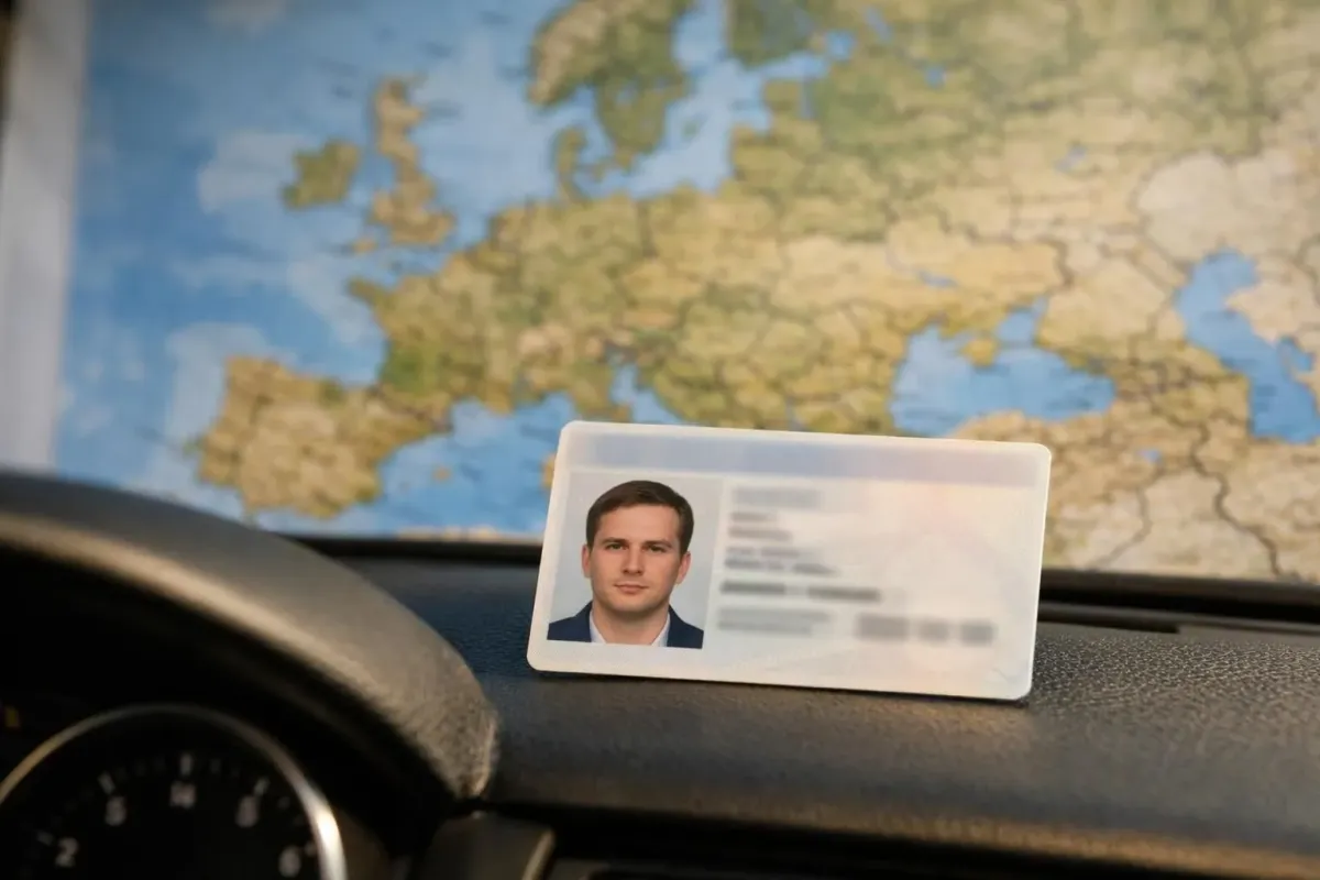 Carte d'identité sur le tableau de bord avec une carte de l'Europe en arrière-plan.