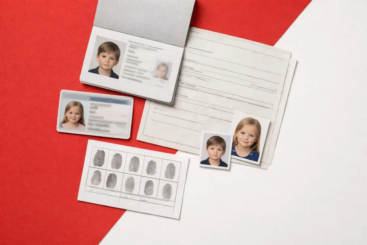 Pièces d'identité, empreintes digitales et photos de passeport de deux enfants.