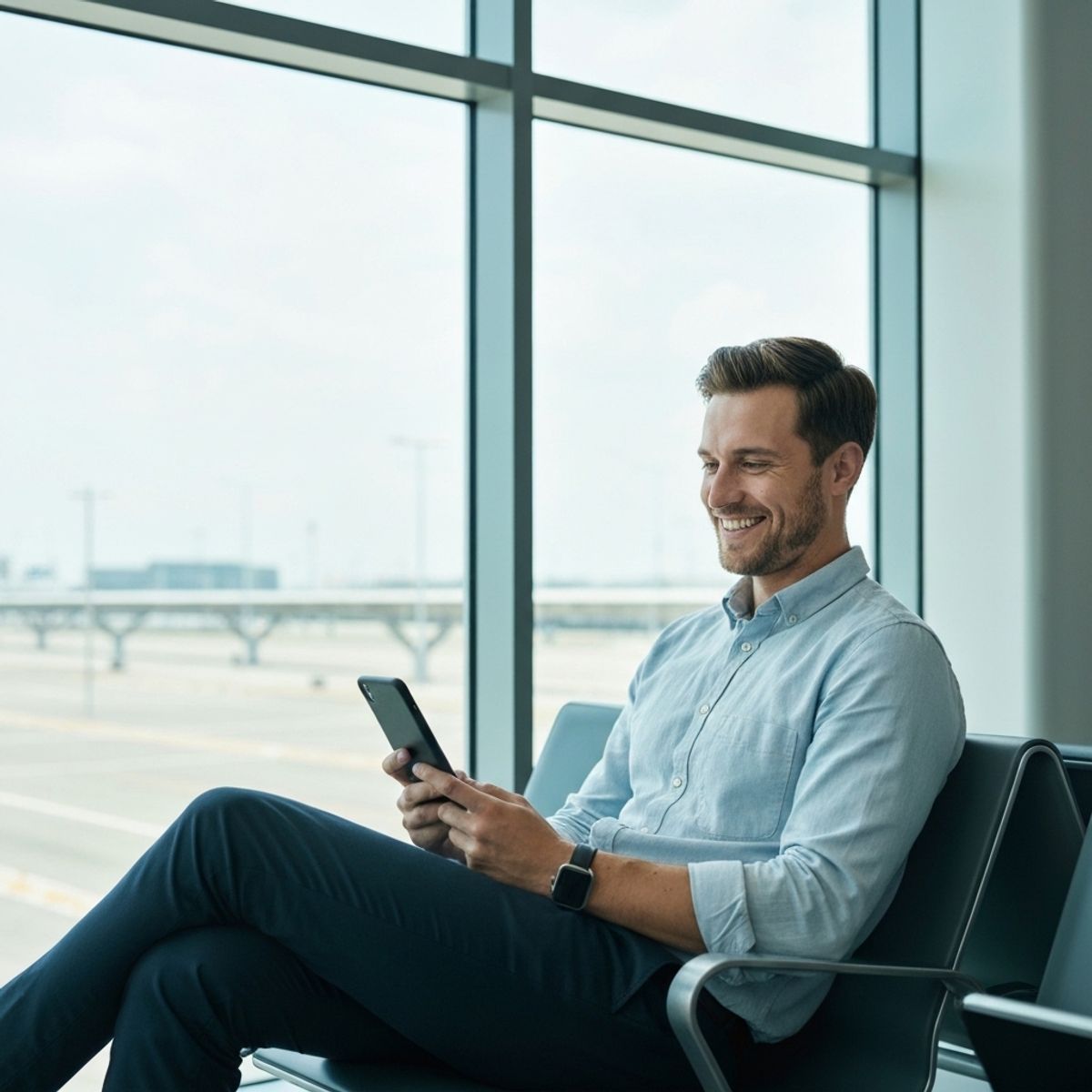 Voyageur détendu assis dans un terminal d'aéroport moderne, consultant son smartphone avec un sourire, valise à côté de lui, grandes baies vitrées donnant sur les pistes