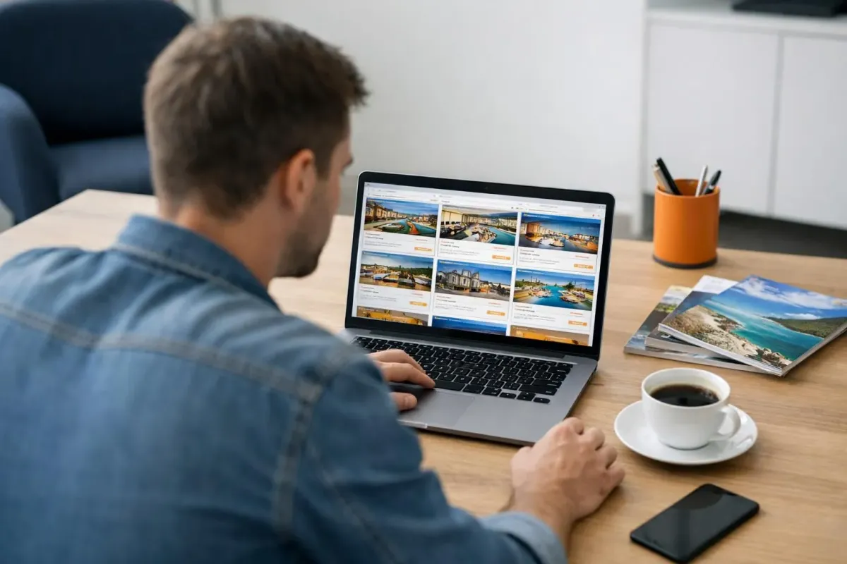 Voyageur à un bureau moderne comparant plusieurs sites de réservation d'hôtels sur un écran d'ordinateur portable, avec un smartphone et un café à proximité, dans un cadre de travail professionnel avec des magazines de voyage visibles.