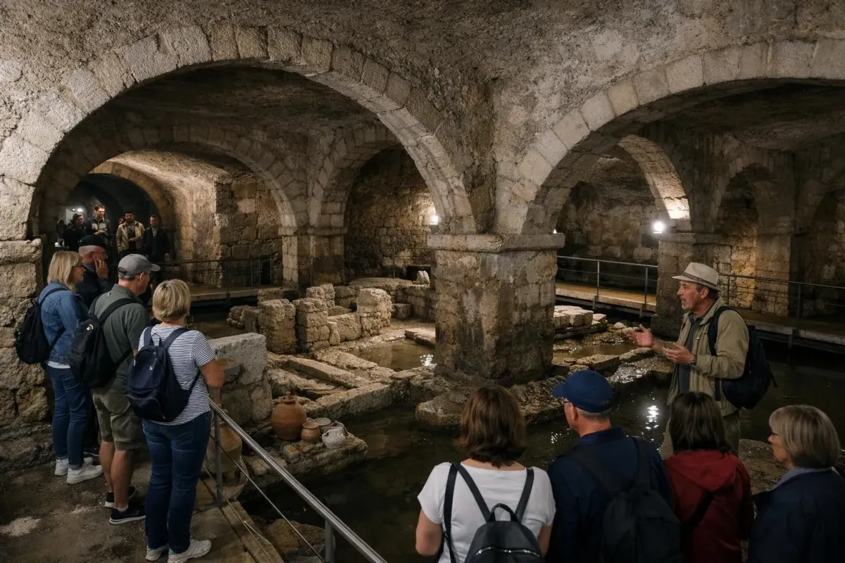 Galeries romaines souterraines à Lisbonne avec des arches de pierre anciennes et des vestiges archéologiques, éclairage atmosphérique tamisé révélant un site de fouilles historique sous les rues de la ville, touristes explorant avec un guide.