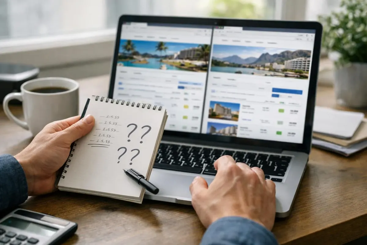 Ordinateur portable, bloc-notes, calculs, tourisme, recherche de voyage.