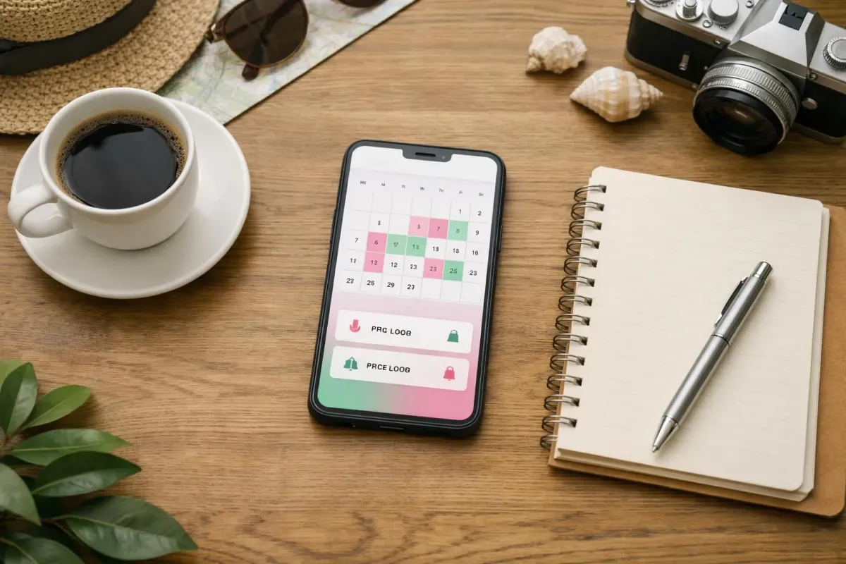 Calendrier, téléphone, tasse de café, cahier et stylo sur un bureau en bois.