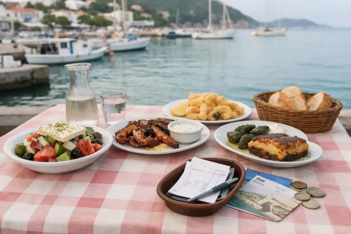 Repas méditerranéen avec plats typiques, boissons et accessoires de voyage sur une table avec vue sur le port.