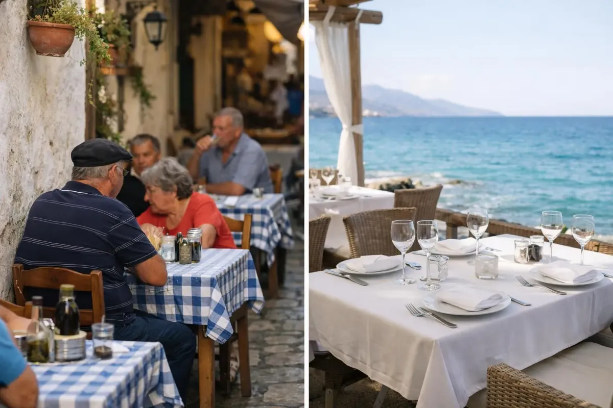 Vieille ville méditerranéenne, repas convivial en plein air, table de restaurant avec vue sur la mer.
