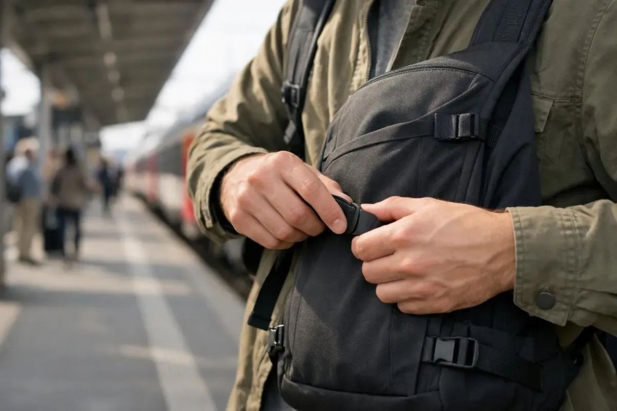 Homme portant un sac à dos tactique avec des sangles et des fermetures éclair.