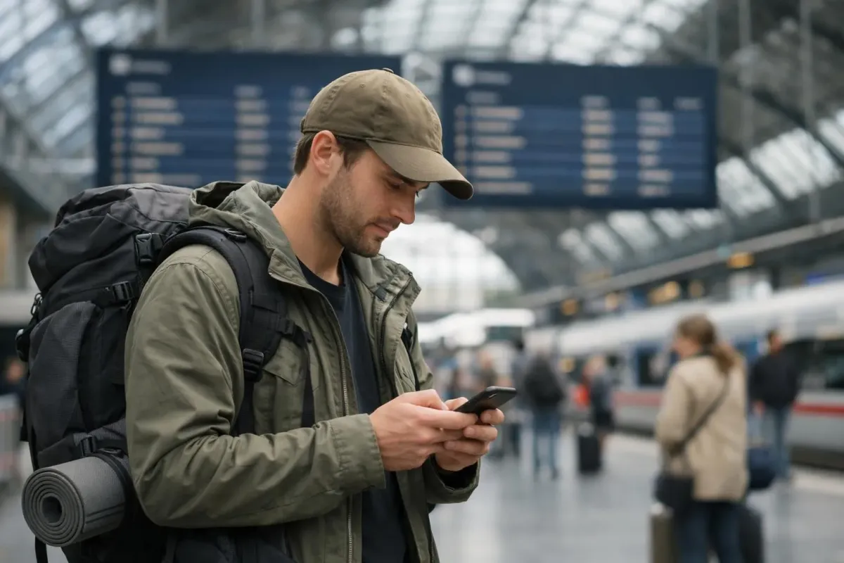 Homme avec sac à dos et téléphone dans une gare.