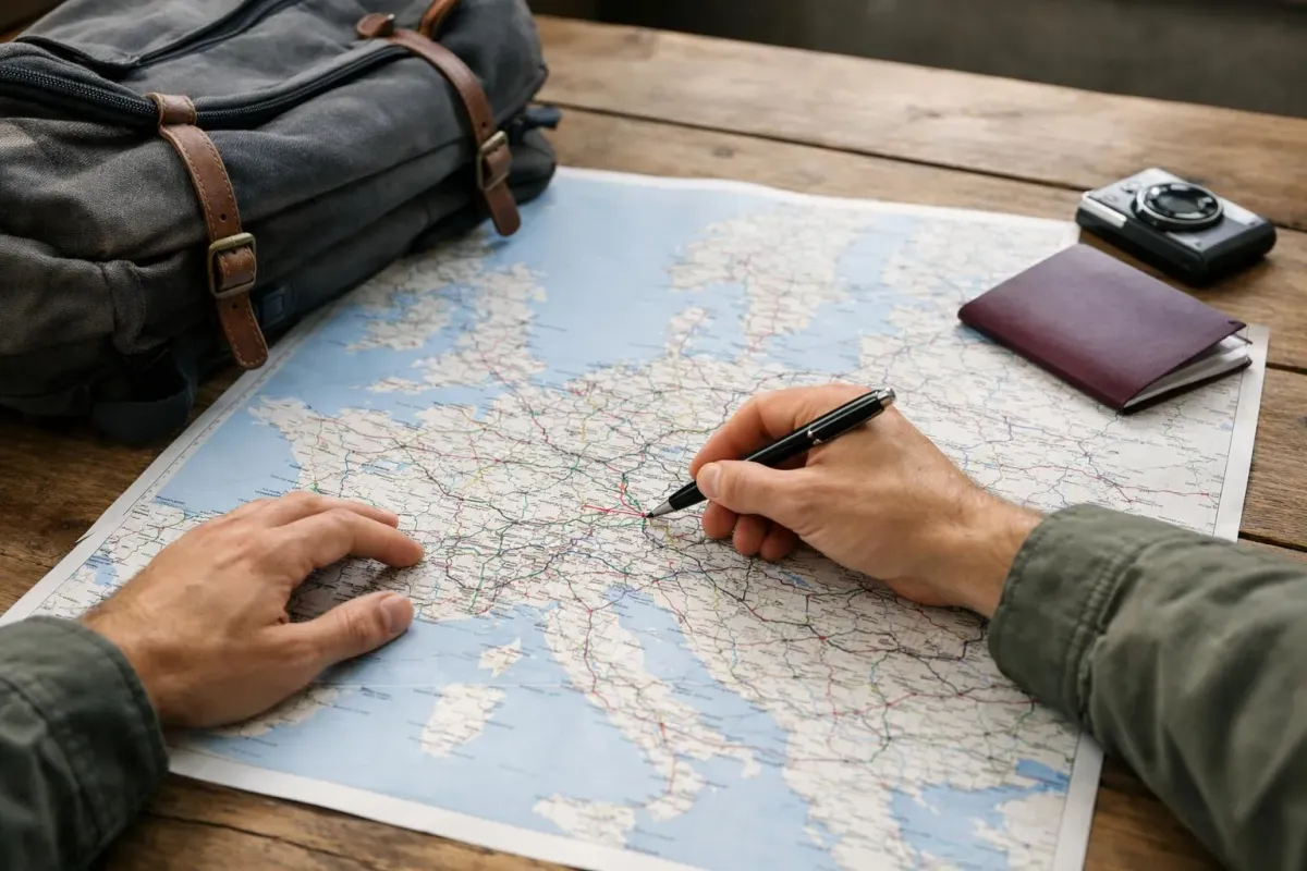 Carte routière étalée sur une table avec un sac de voyage et un passeport.