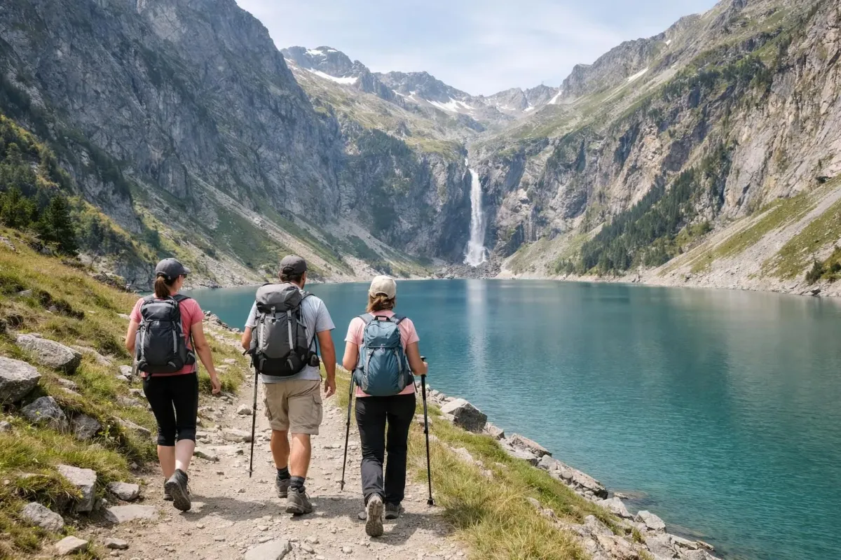 Randonneurs admirant un magnifique paysage montagneux avec un lac turquoise et une cascade.