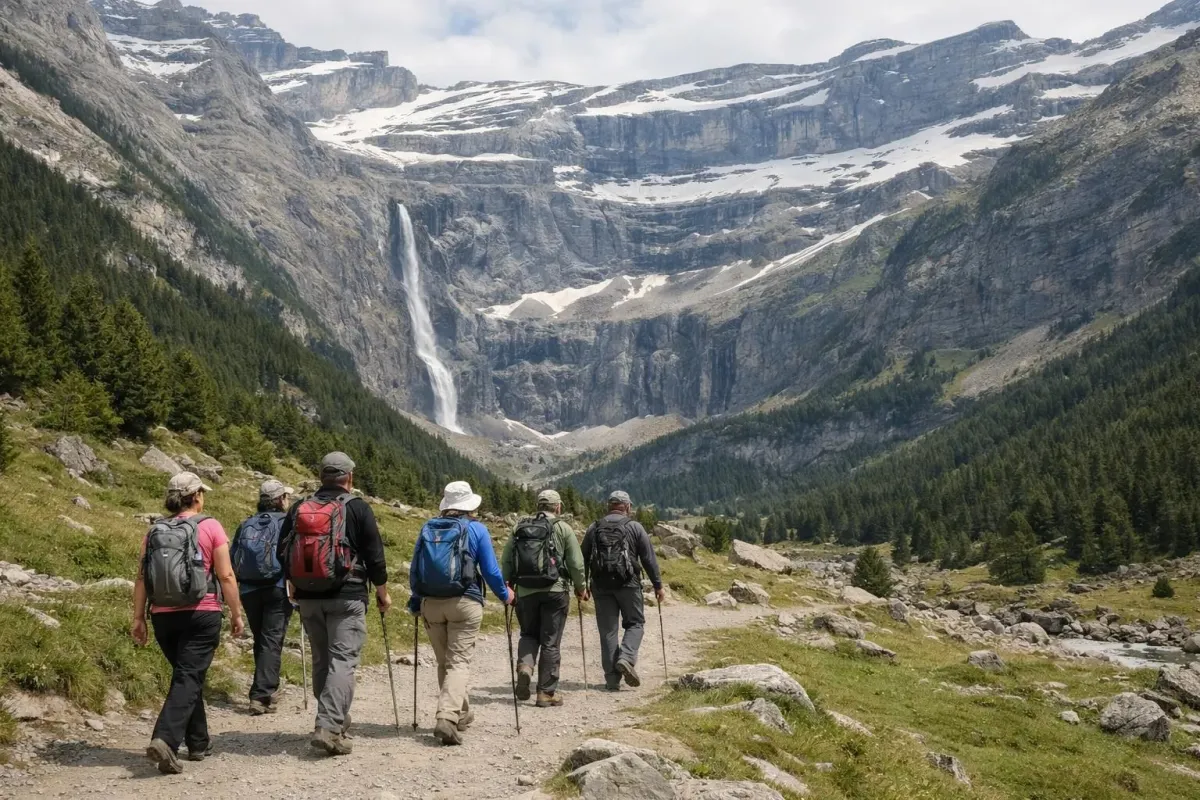 Groupe de randonneurs marchant sur un sentier escarpé face à un paysage montagneux enneigé.
