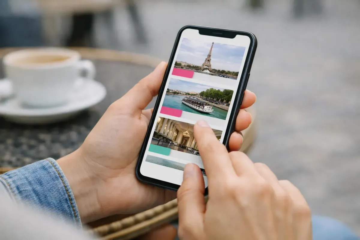Smartphone affichant des photos de Paris, dont la Tour Eiffel, un bateau sur la Seine et un bâtiment.