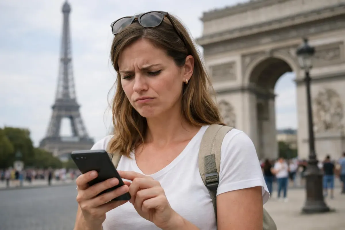 Femme avec un air préoccupé utilisant un téléphone portable devant la Tour Eiffel.