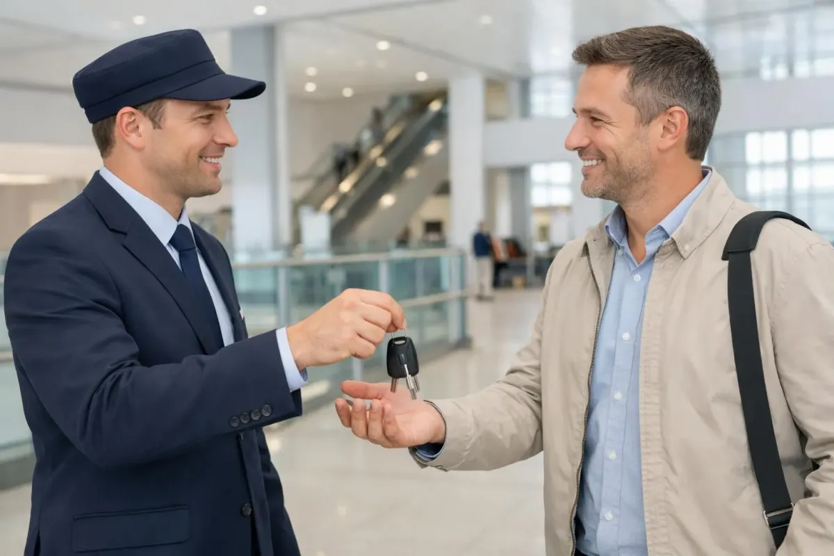 Deux hommes d'affaires se serrant la main dans un aéroport.