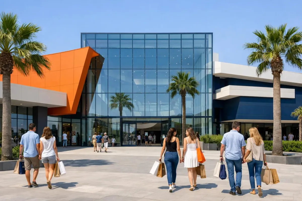 Bâtiment moderne avec façade vitrée, palmiers, clients avec sacs de shopping.