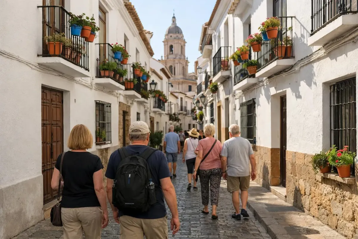 Ruelle pittoresque d'une ville espagnole avec des passants, des fleurs et une église en arrière-plan.