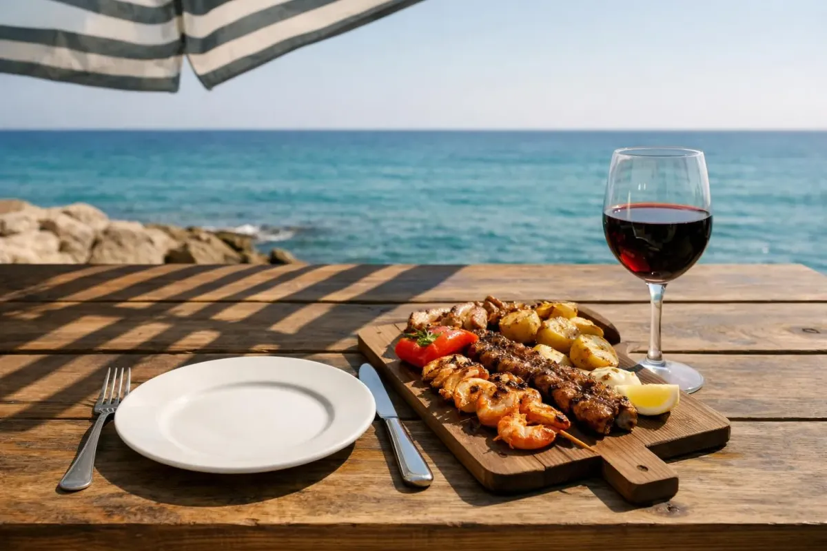 Repas méditerranéen avec brochettes de viande, pommes de terre, verre de vin rouge, sur une terrasse avec vue sur la mer.