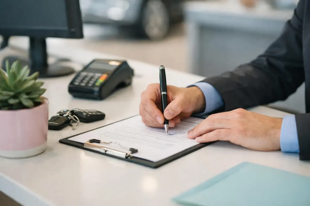 Homme d'affaires signant un document sur le bureau.