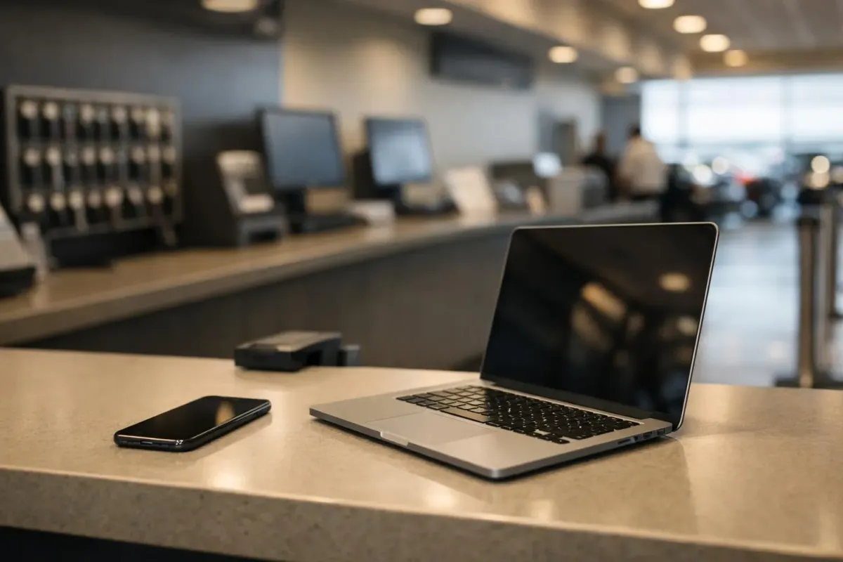 Ordinateur portable, téléphone et comptoir dans un espace de travail moderne.