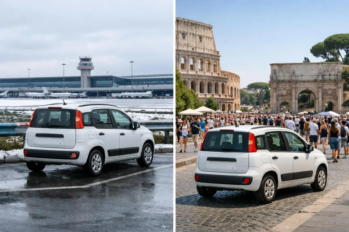 Aéroport enneigé avec voiture compacte blanche, Colisée de Rome avec foule de touristes.