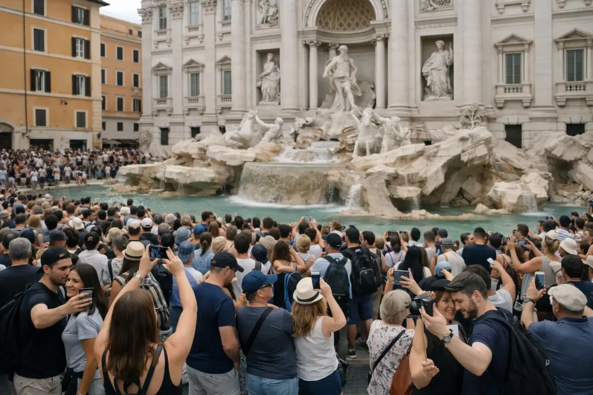 Foule de touristes admirant la fontaine de Trevi à Rome.