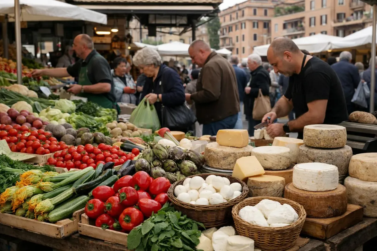 Marché animé avec de nombreux étals de fruits et légumes frais.