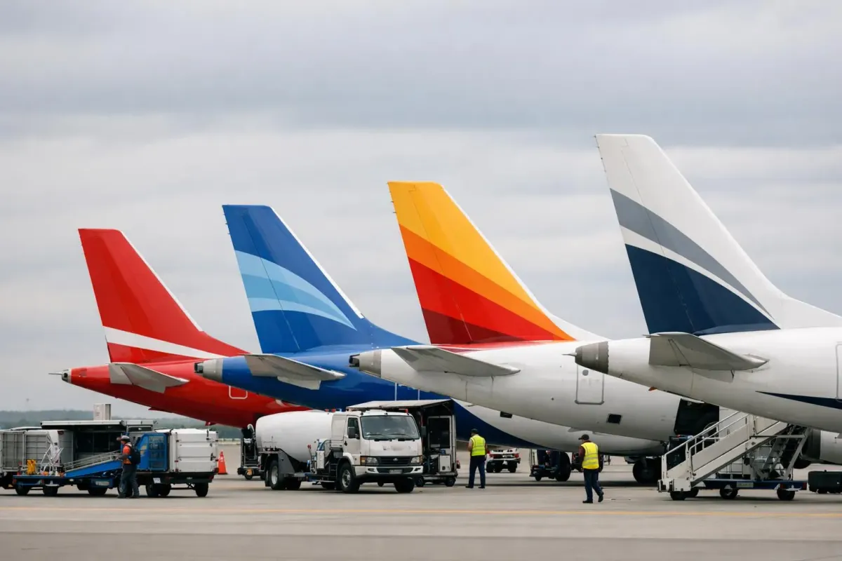 Avions de ligne colorés sur le tarmac avec personnel au travail.
