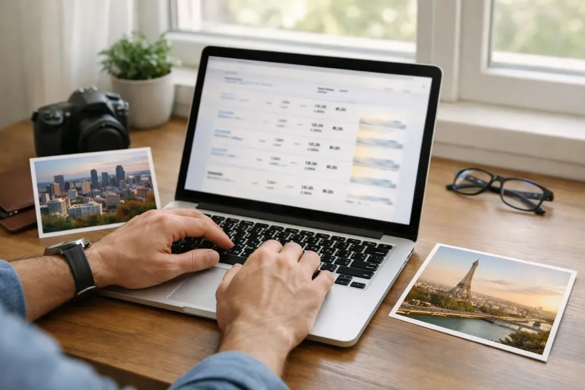 Bureau de travail avec ordinateur portable, photos de paysages urbains et accessoires.