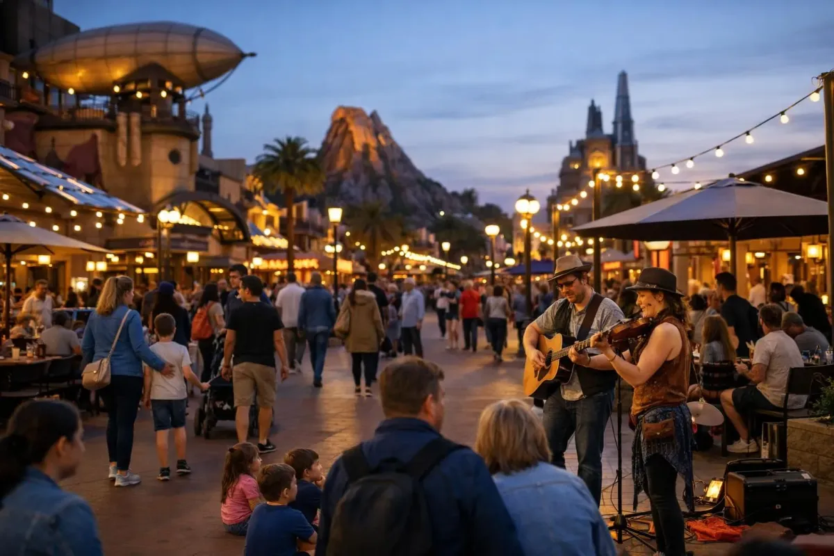 Foule animée dans un quartier animé avec des attractions touristiques.