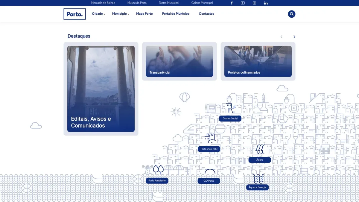 Éditaux, avis et communications sur un site Web de la ville de Porto.