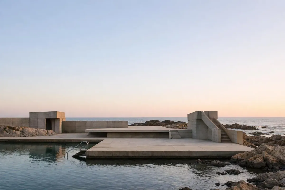 Piscine extérieure avec vue sur l'océan au coucher du soleil.
