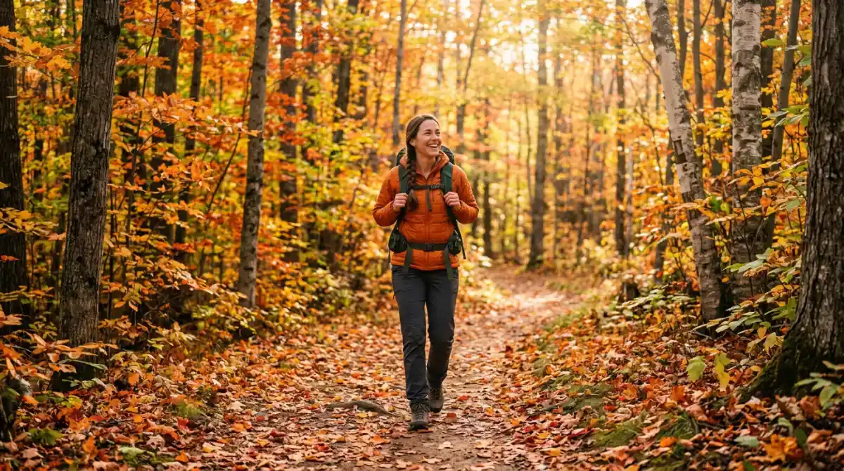 Une famille en randonnée dans une forêt aux couleurs d'automne