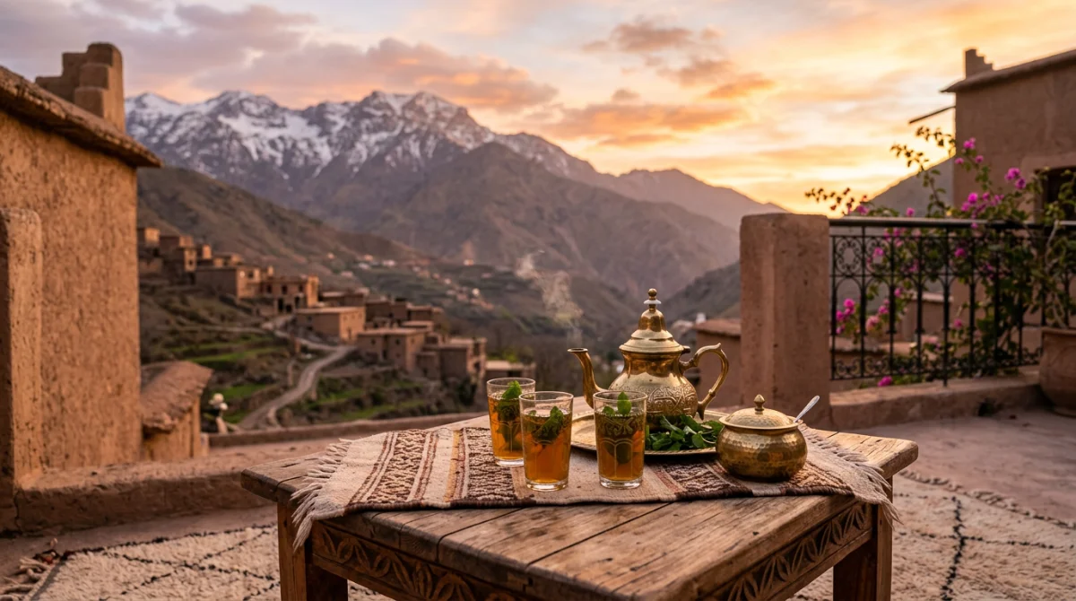 Thé à la menthe traditionnel face aux montagnes de l'Atlas au Maroc