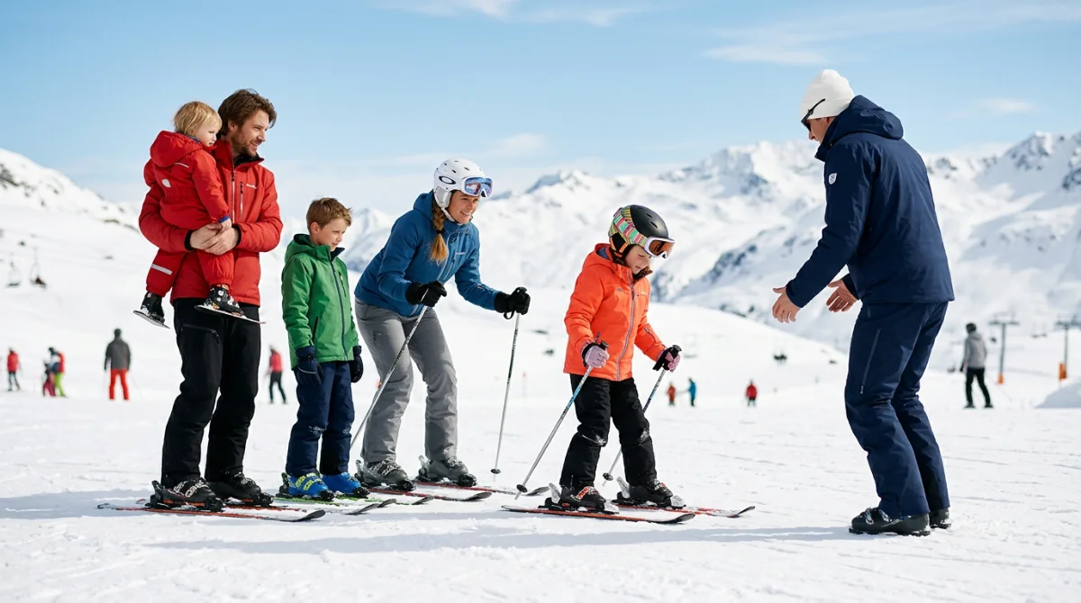 Famille apprenant à skier avec un moniteur sur une piste ensoleillée