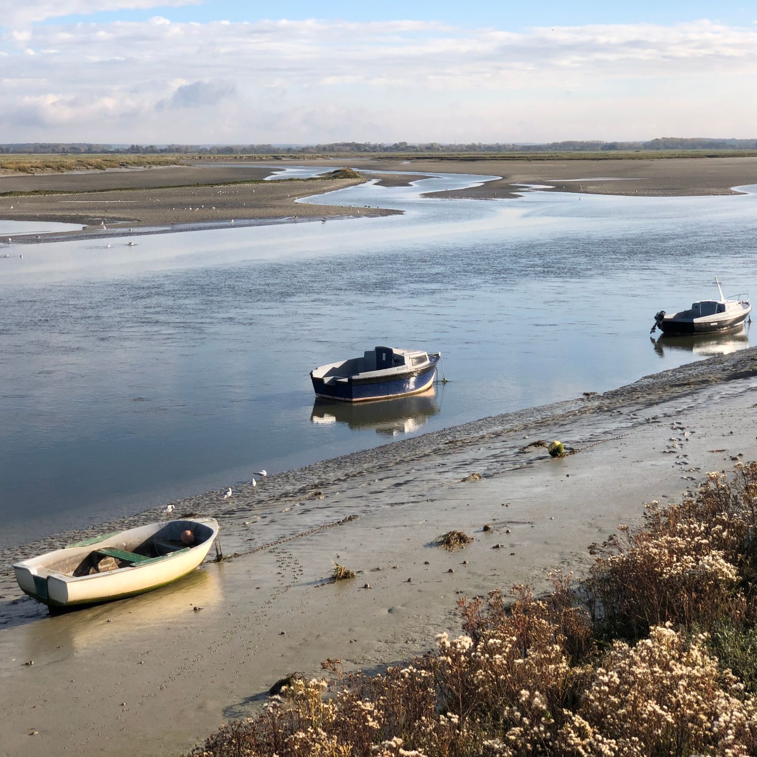 Barques échouées dans un chenal de la baie de Somme à marée basse