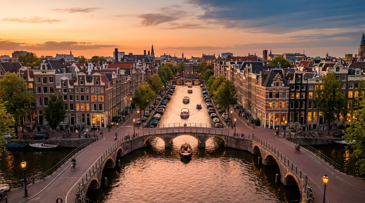 train Amiens Amsterdam Bateaux naviguant sous les ponts illuminés des canaux d'Amsterdam au crépuscule