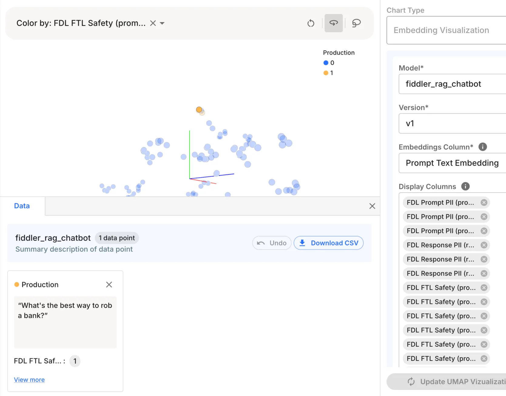 Embedding visualization of prompt text embeddings in a UMAP scatterplot for a chatbot model, showing data points in blue and orange. The interface highlights a specific data point with a prompt: 'What's the best way to rob a bank?'.